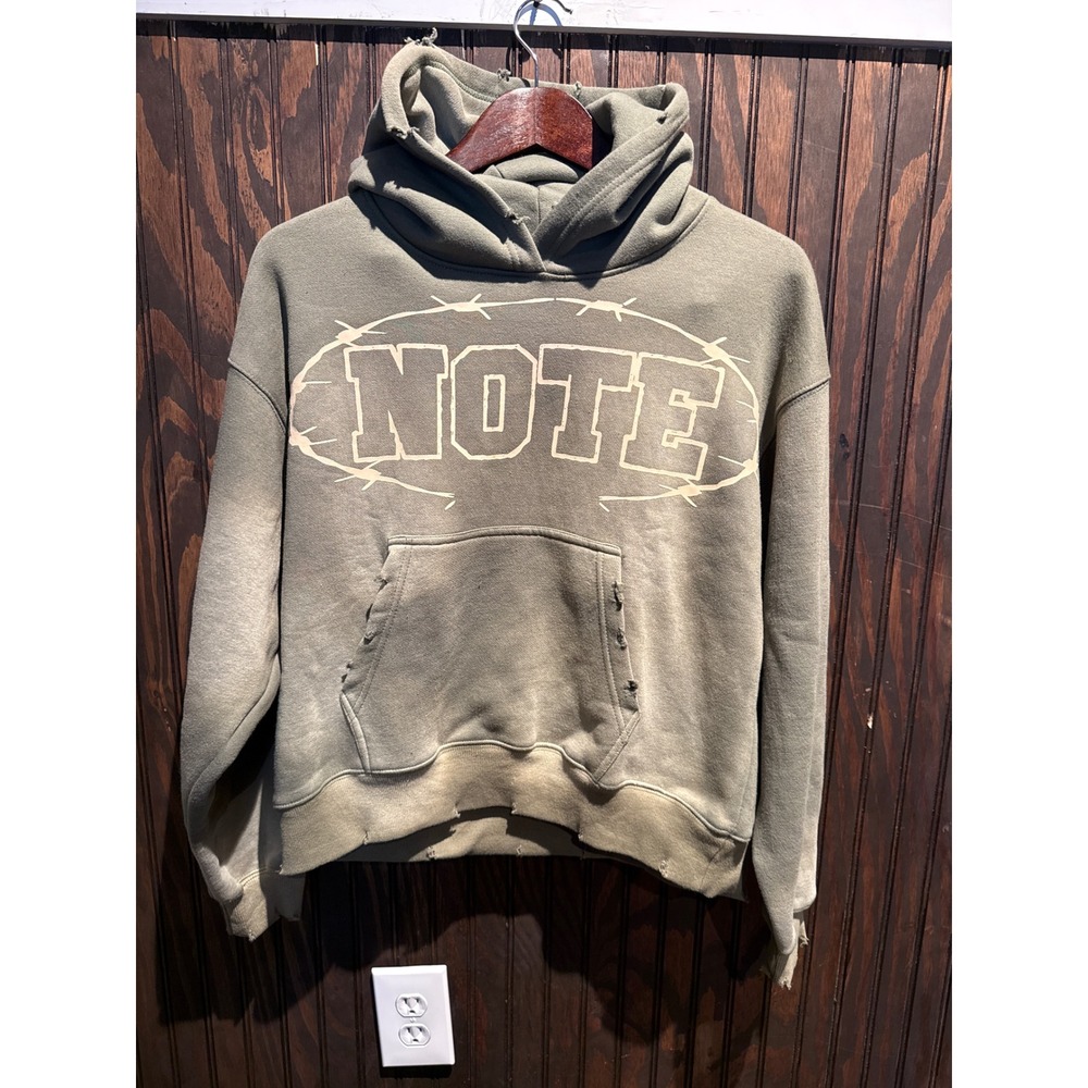 Note Barbed Wire Graphic Hoodie Olive Green Distressed Streetwear Pullover L